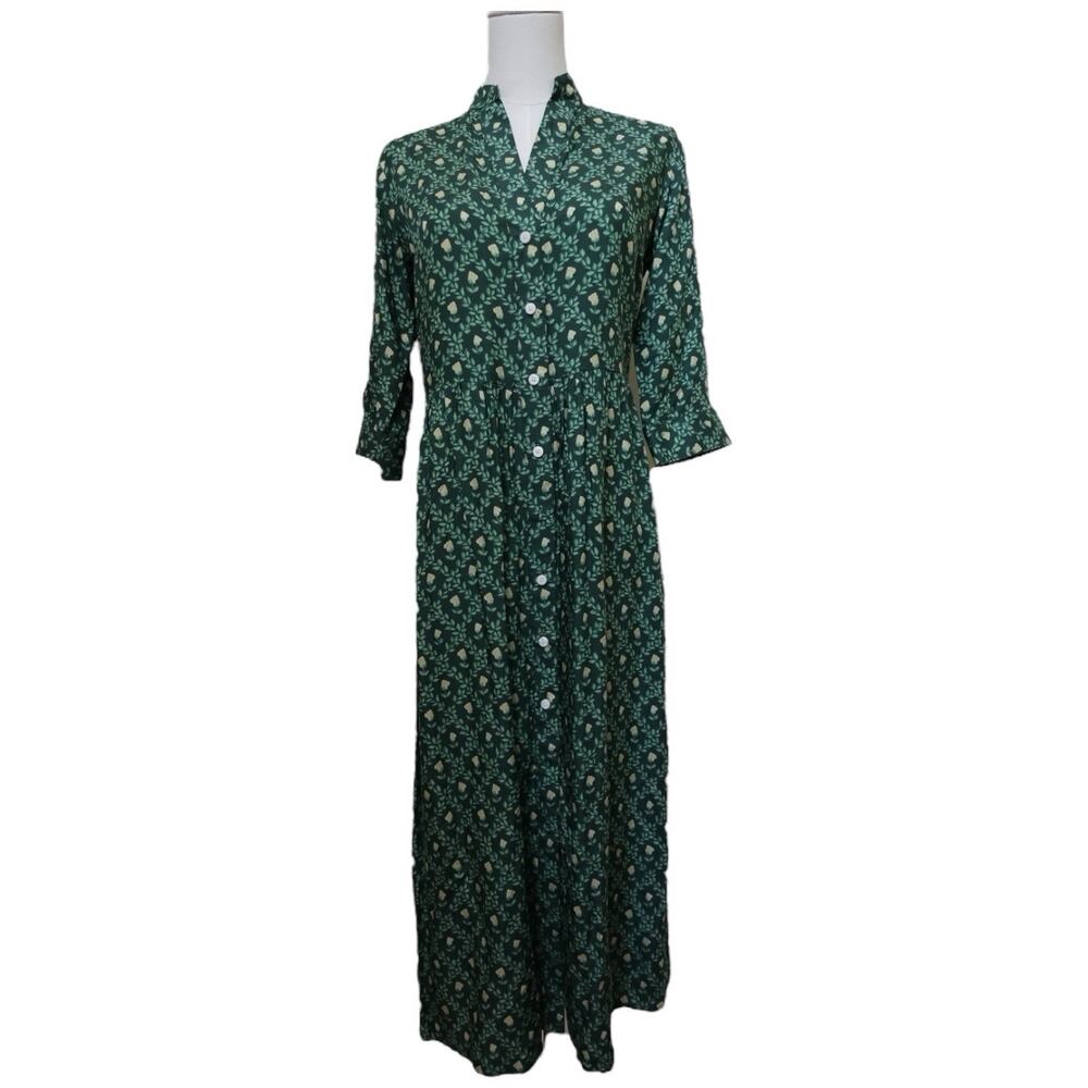 Beau & Ro Green Floral Button Front Midi Dress Size XS